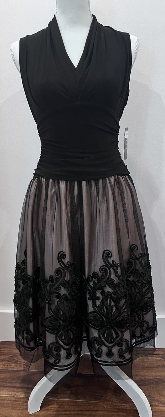 Women's Cocktail Dress Black Pink Tulle Layered VNeck Embroidery Whimsigoth SZ 8